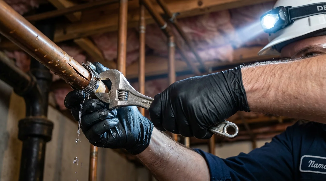 Emergency pipe clamp repair being performed by a Johns Plumbing LLC plumber in Upland