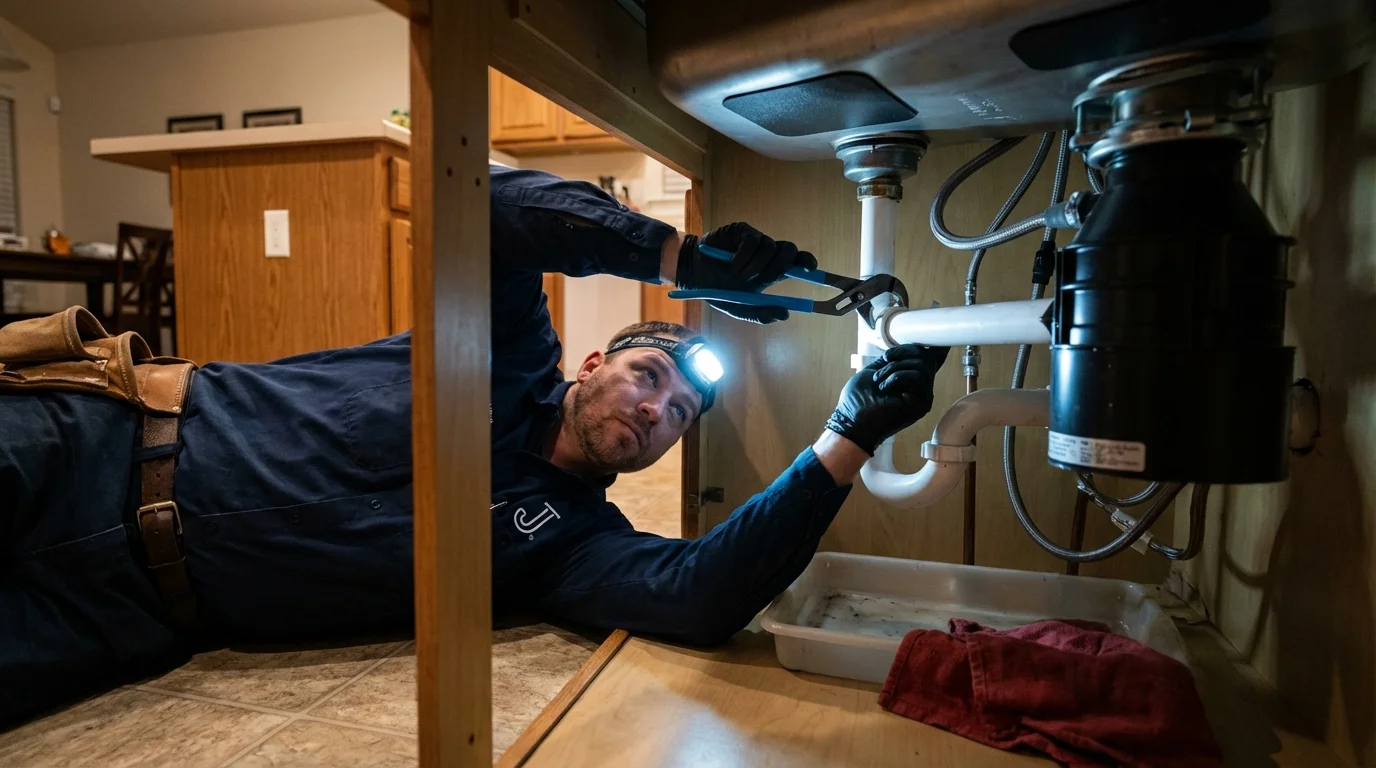 P-trap and supply line connections under a kitchen sink showing a common leak point in Upland, CA